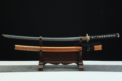 Rōtasu ロータス Katana – Damascus Steel, Orange Saya – view 1