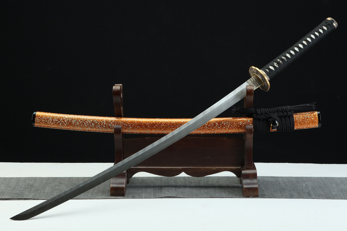 Rōtasu ロータス Katana – Damascus Steel, Orange Saya – view 3