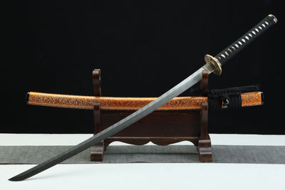 Rōtasu ロータス Katana – Damascus Steel, Orange Saya – view 3