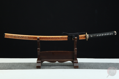 Rōtasu ロータス Katana – Damascus Steel, Orange Saya – view 2