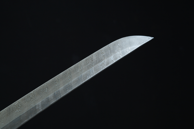Rōtasu ロータス Katana – Damascus Steel, Orange Saya – view 8