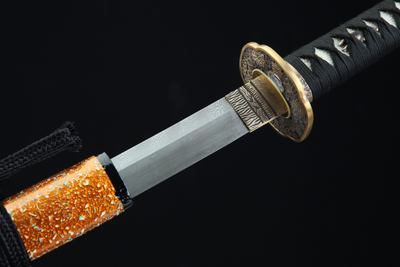 Rōtasu ロータス Katana – Damascus Steel, Orange Saya – view 12