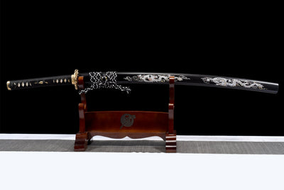 Ryū no Hōkō 竜の咆哮 Katana — T10 Steel, Silver Dragon Saya – view 2