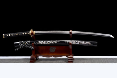 Ryū no Hōkō 竜の咆哮 Katana — T10 Steel, Silver Dragon Saya – view 1