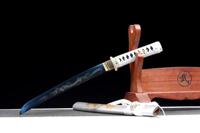 Tanto Ryūjin 龍神 — Blue Manganese Steel, Dragon Pattern – view 1