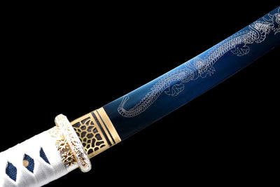 Tanto Ryūjin 龍神 — Blue Manganese Steel, Dragon Pattern – view 5