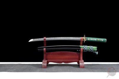 Kiku Wakizashi 菊 – Damascus Steel with Hamon, Chrysanthemum Tsuba – view 2