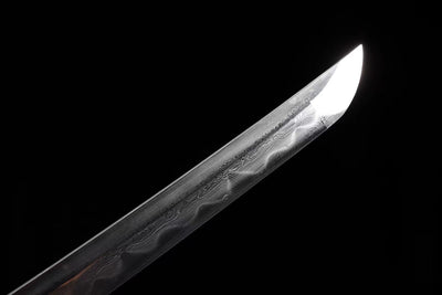 Kiku Wakizashi 菊 – Damascus Steel with Hamon, Chrysanthemum Tsuba – view 7